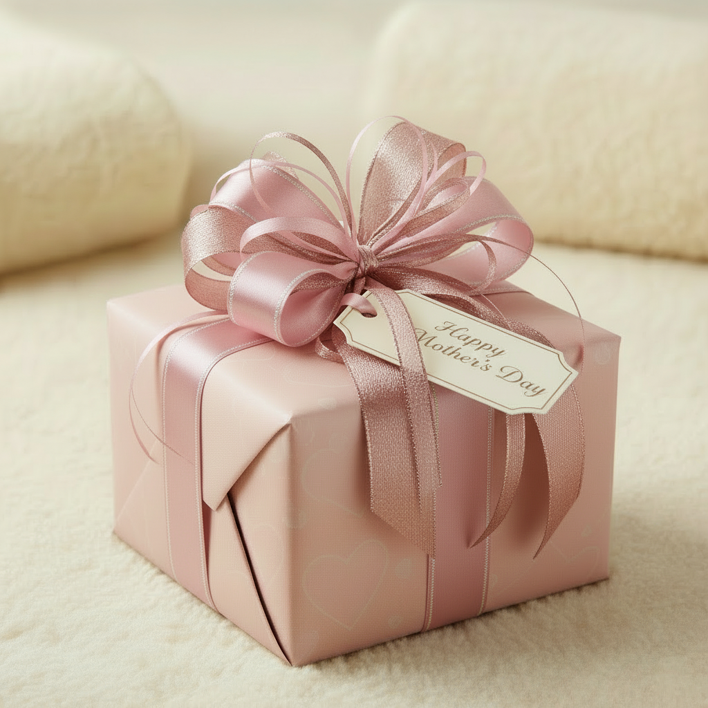 Pink gift box with a large bow and 'Happy Mother's Day' tag on a beige surface