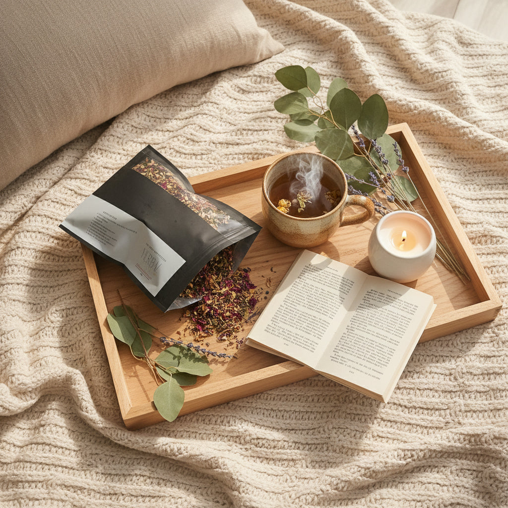 A pouch labeled 'HERBAL YONI STEAM' placed on a wooden surface with green leaves in the background, suggesting the product is related to feminine care and herbal steaming.