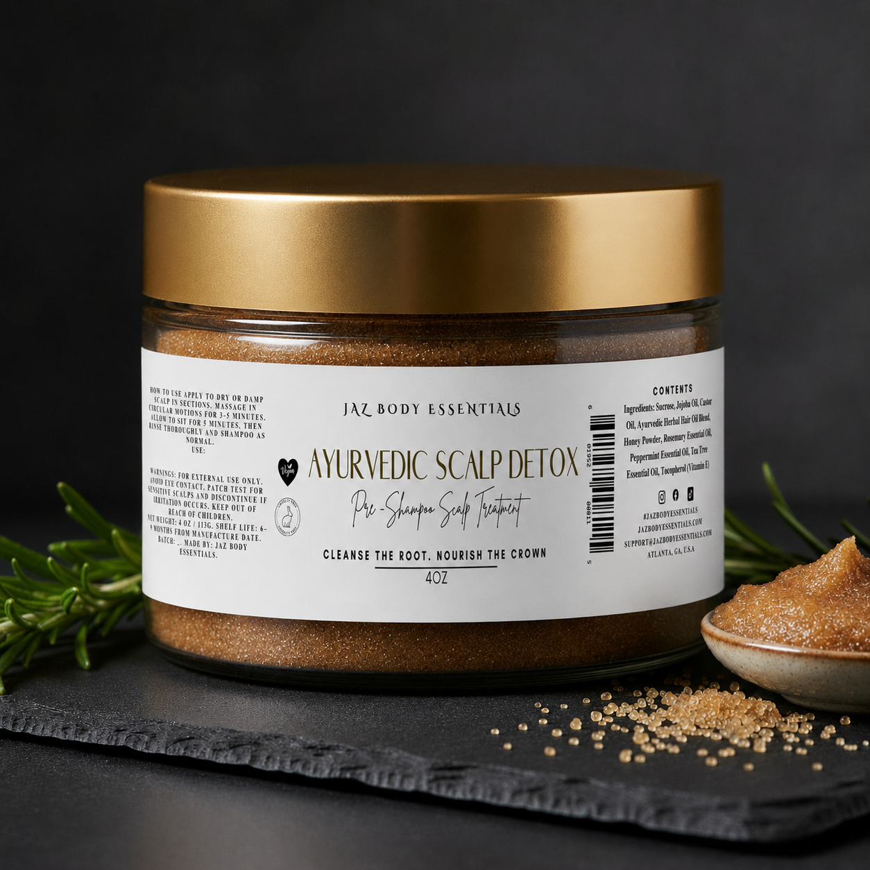 Jar of Ayurvedic Scalp Detox product with gold lid on a dark background