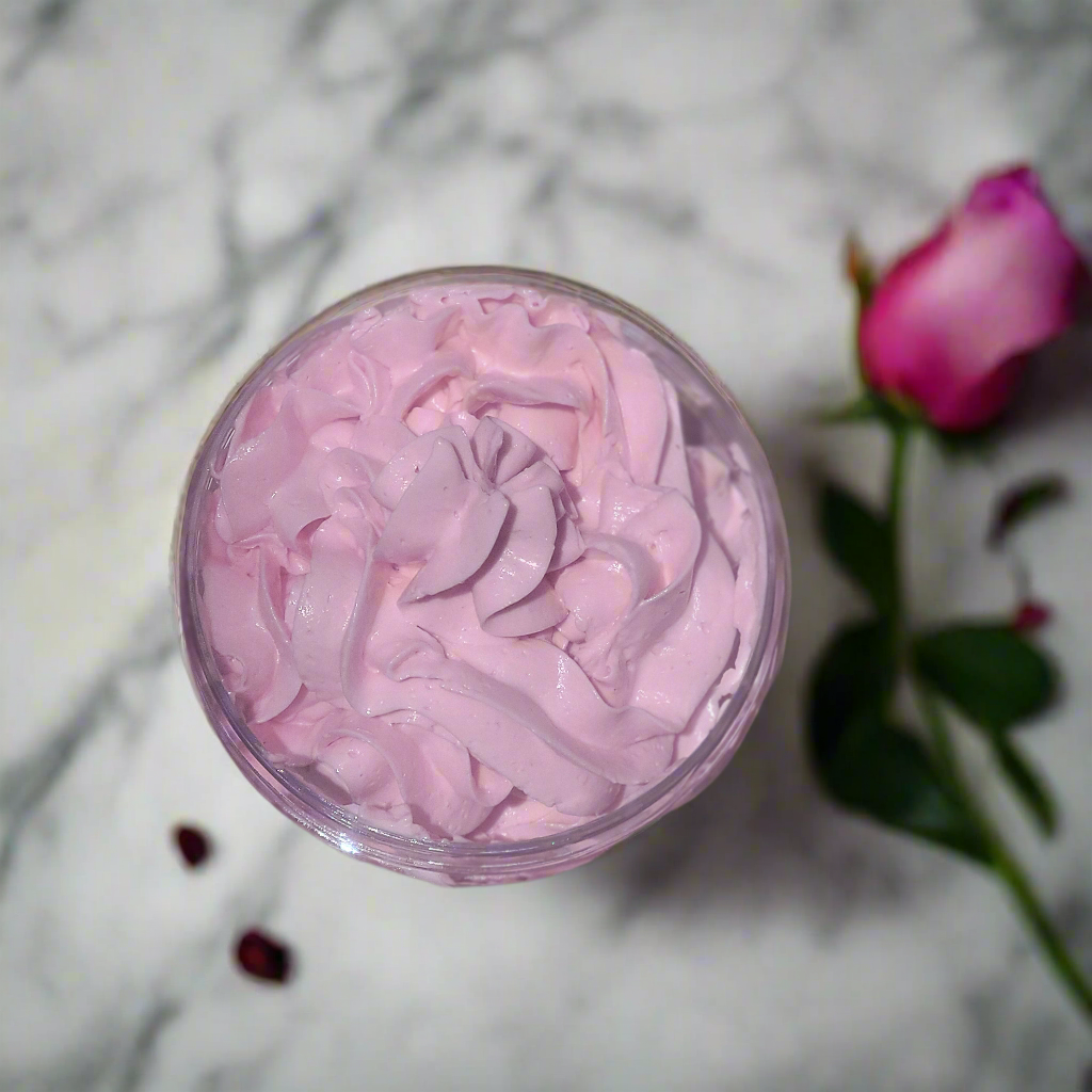 Beurre corporel végétalien infusé à la rose 12oz.