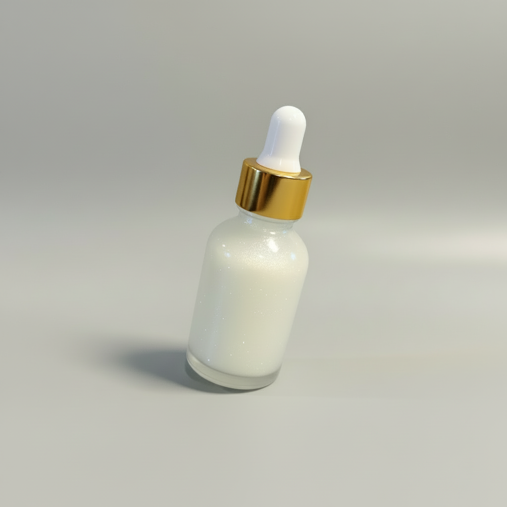 Glass dropper bottle with a gold cap on a gray background