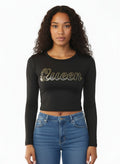 Long Sleeve Crew Neck Fitted Crop Top | Print Queen Long Sleeve Top - JAZ Body Essentials