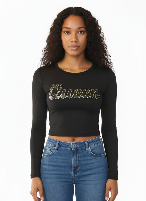 Long Sleeve Crew Neck Fitted Crop Top | Print Queen Long Sleeve Top - JAZ Body Essentials