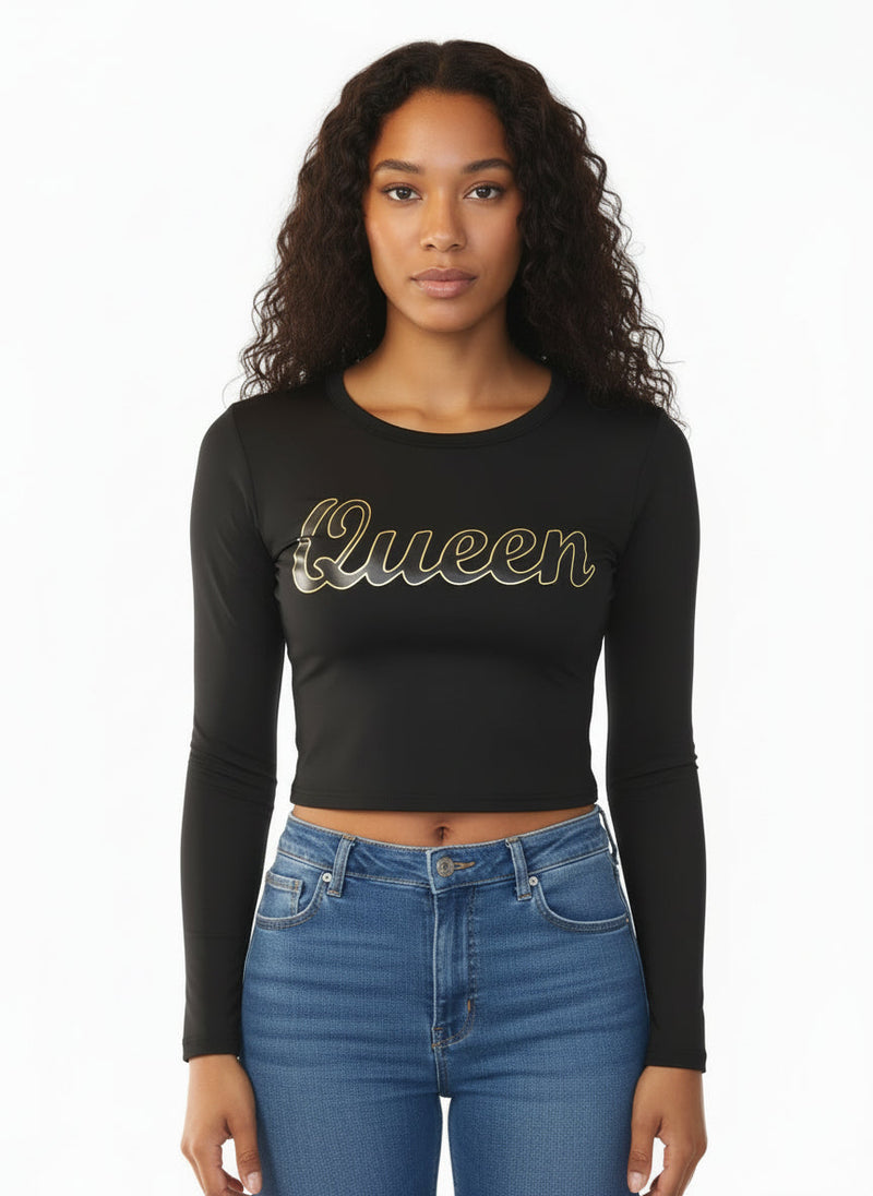 Long Sleeve Crew Neck Fitted Crop Top | Print Queen Long Sleeve Top - JAZ Body Essentials