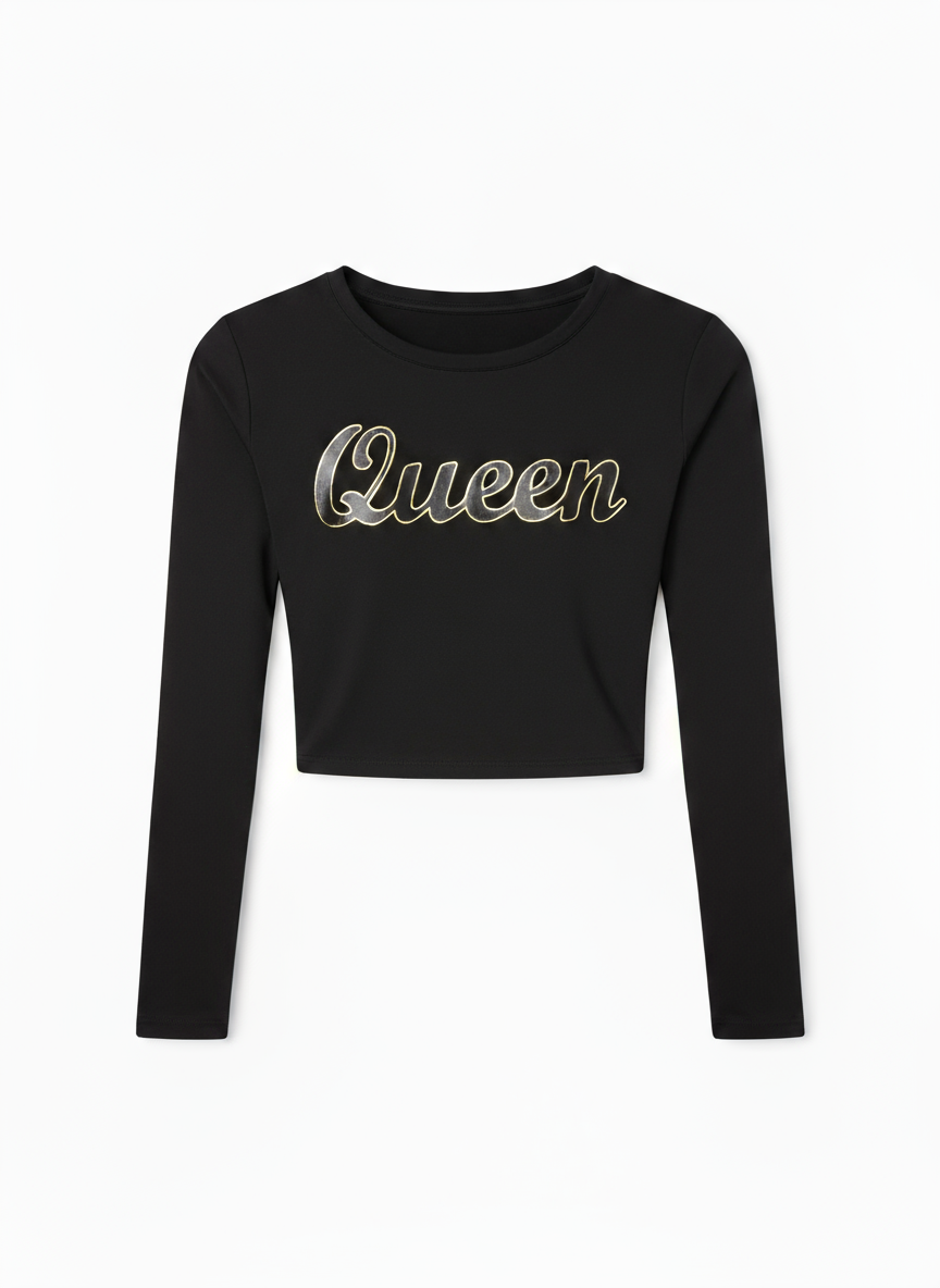 Schwarzes bauchfreies Langarm-Oberteil mit Rundhalsausschnitt – Queen-Print