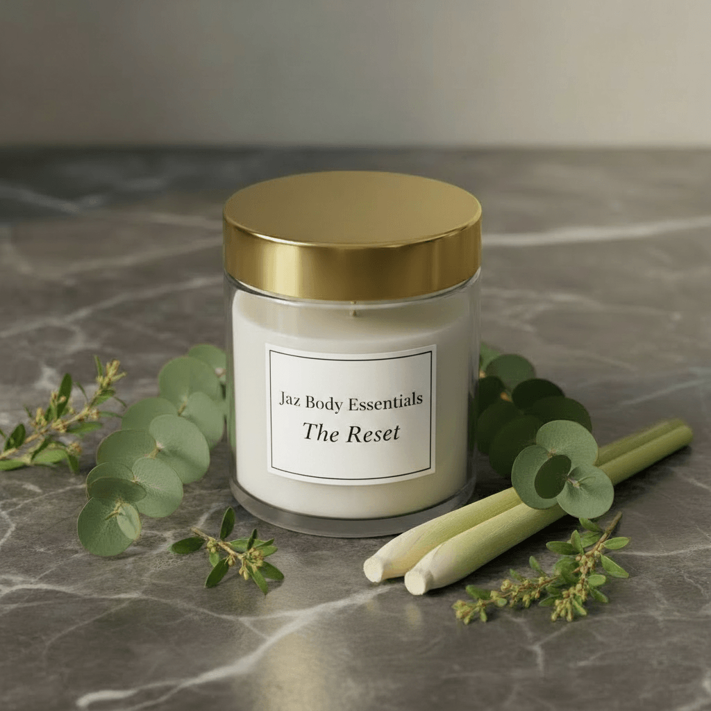 Hand-poured lemongrass and eucalyptus candle in amber glass jar with gold lid on dark marble surface