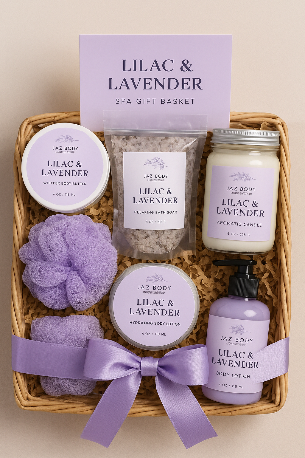 Lilac & Lavender spa gift basket with various products in a woven basket.