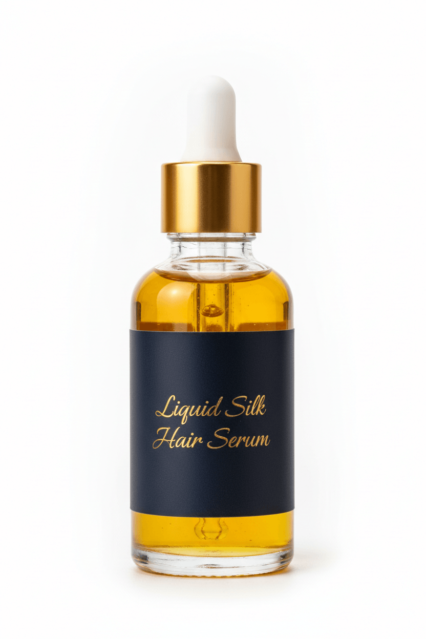 Liquid Silk Hair Serum in a glass dropper bottle with a golden cap, designed for shine and frizz control.