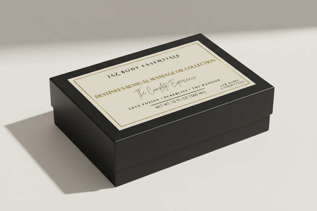 Luxury Black Box Mockup for Destinee's Sensual Massage Oil Collection