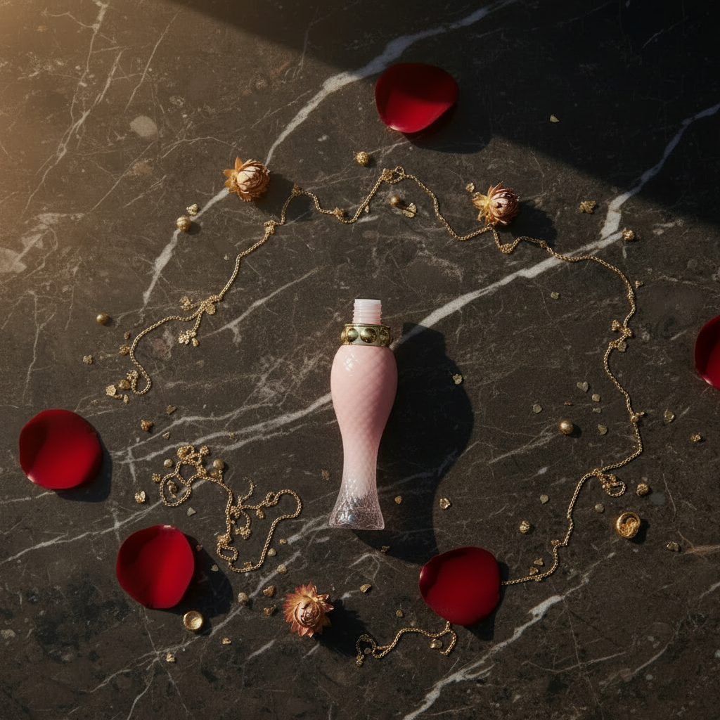 Four decorative bottles with gold caps on a dark marble surface with red petals and small gold objects.