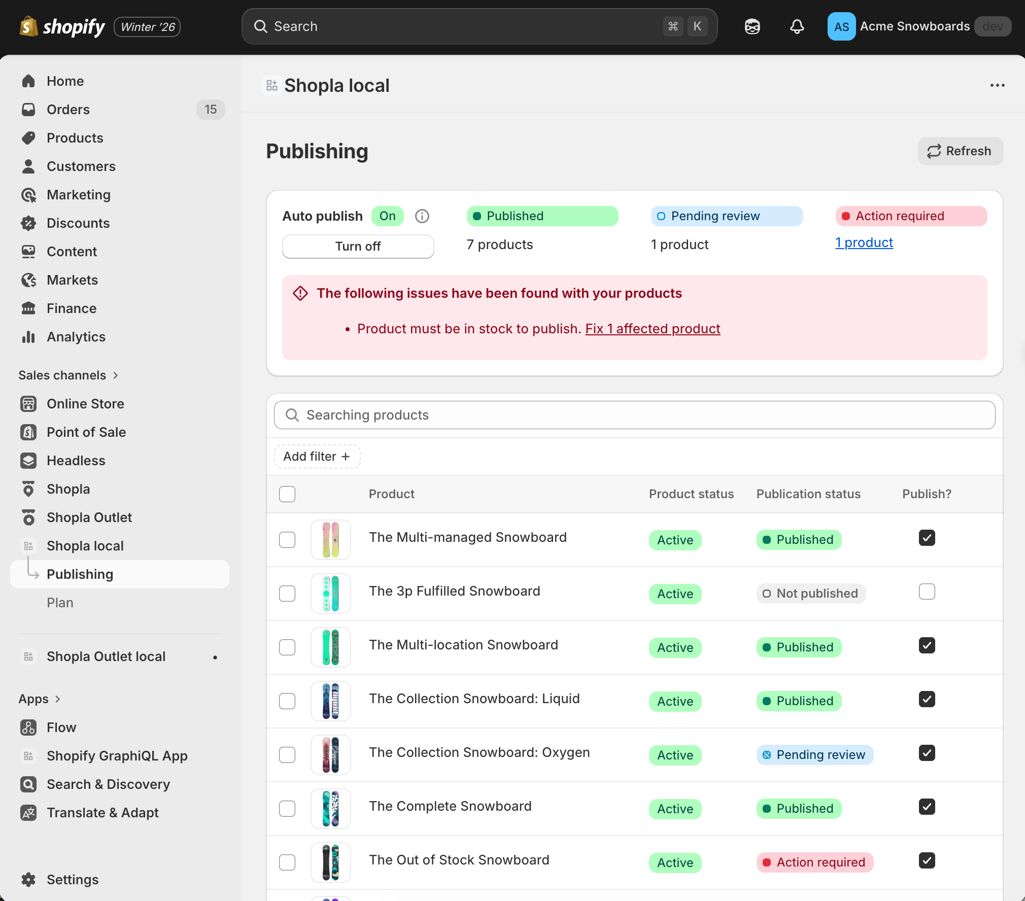 Shopify local publishing settings with product statuses displayed on a computer screen.