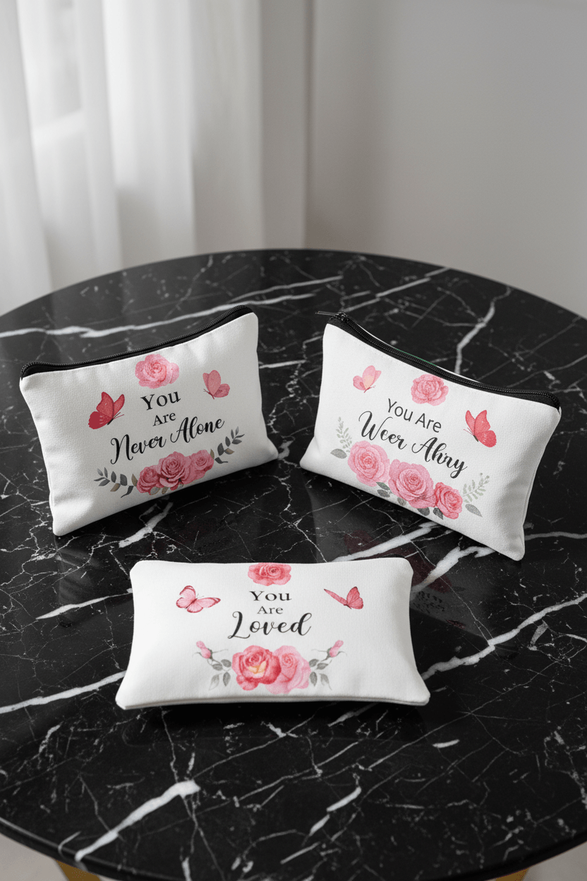 Three decorative pillows with floral designs and text on a black marble table.