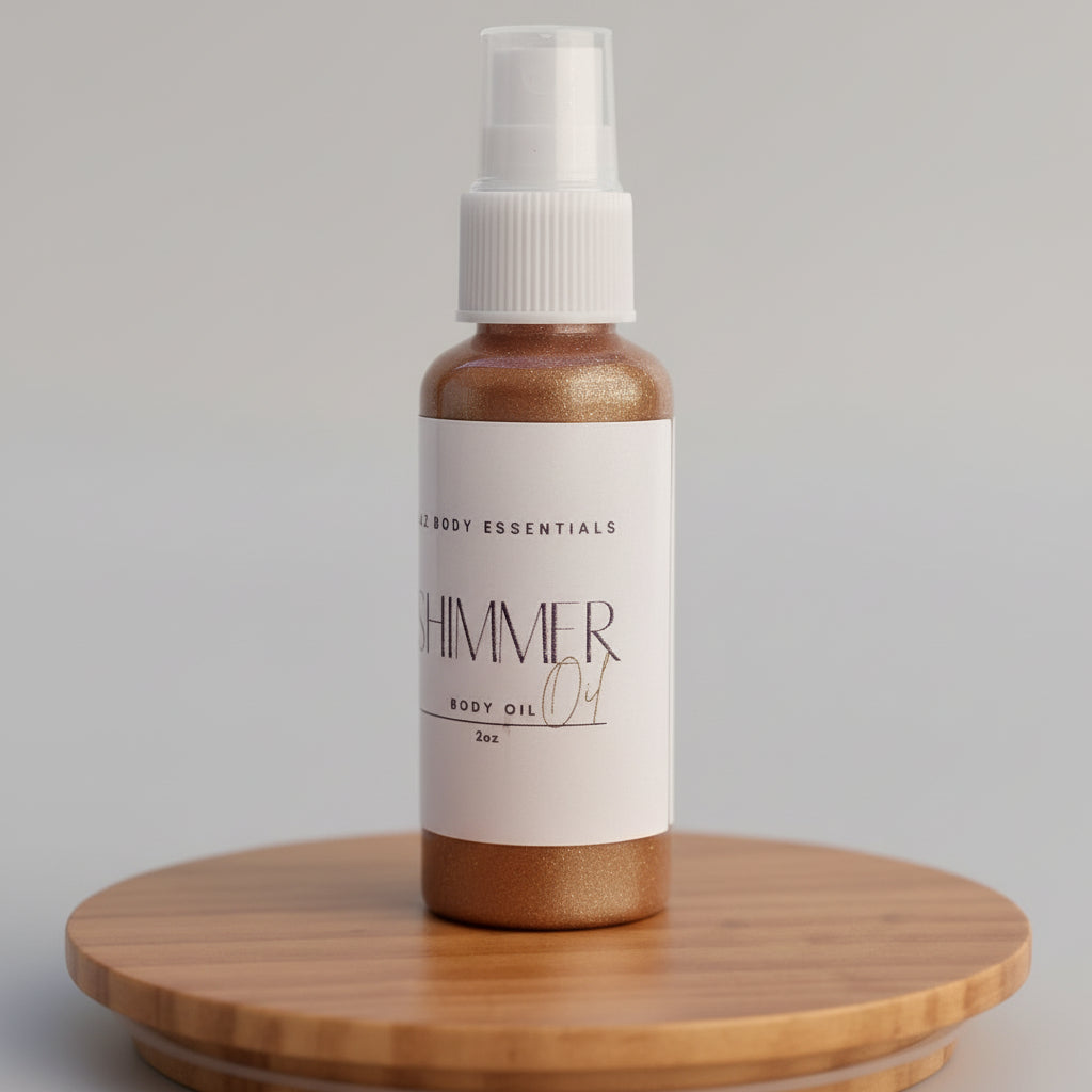 A bottle of shimmer body oil with a spray nozzle, standing on a sunlit surface which appears to be either sand or a textured road.