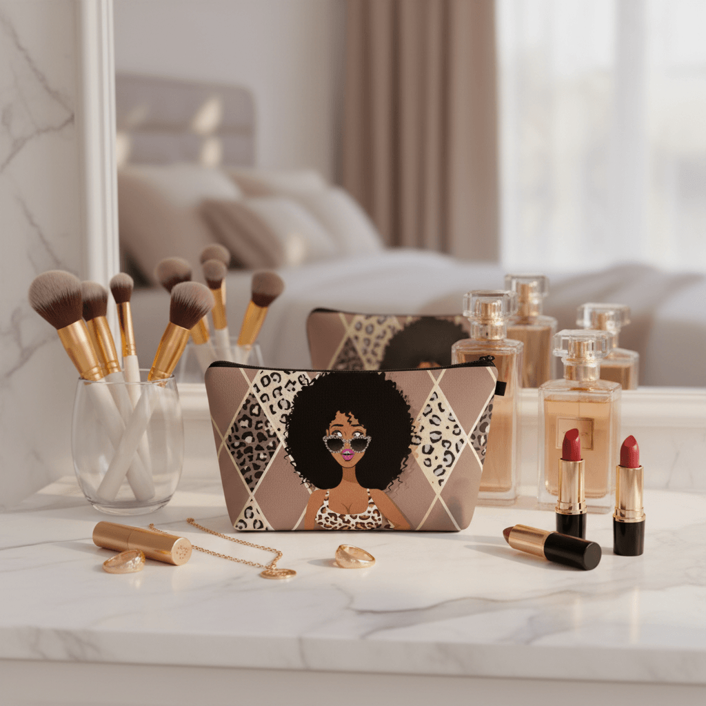 Makeup bag with a design of a woman's face surrounded by makeup items on a marble surface.