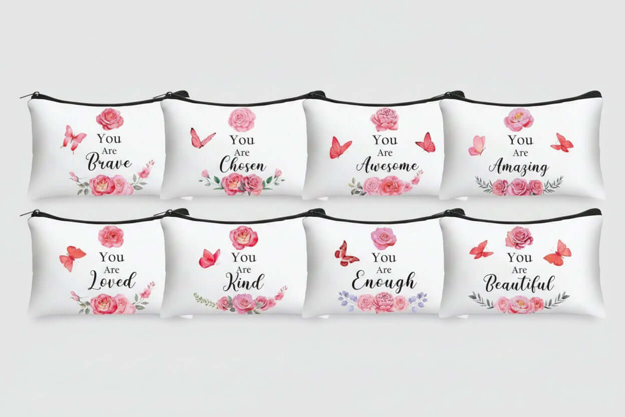 Set of self-worth cosmetic bags with various messages on a white background