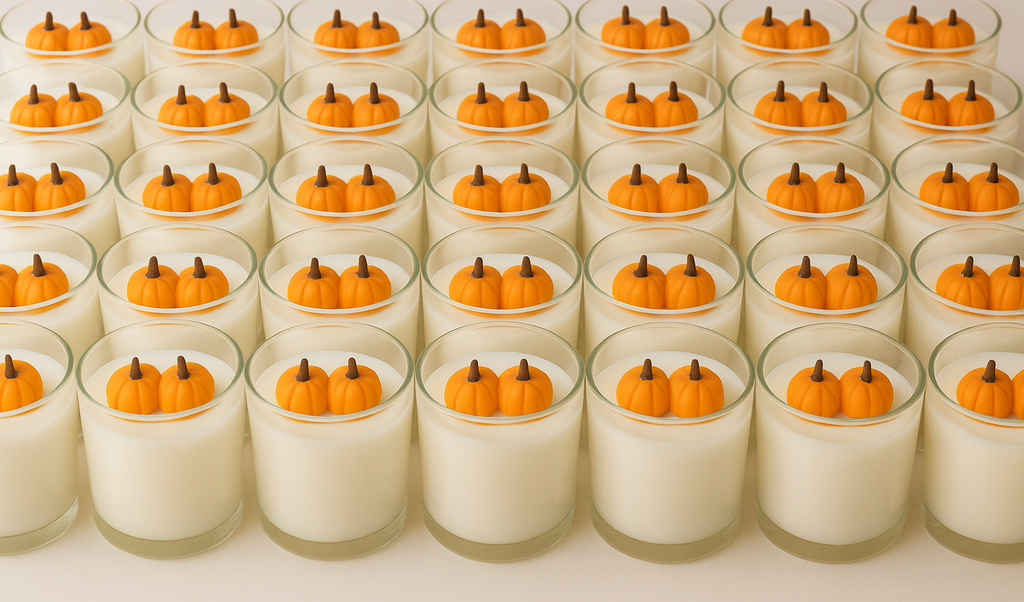 Multiple small glass containers with white candle wax and orange pumpkin decorations on a white background