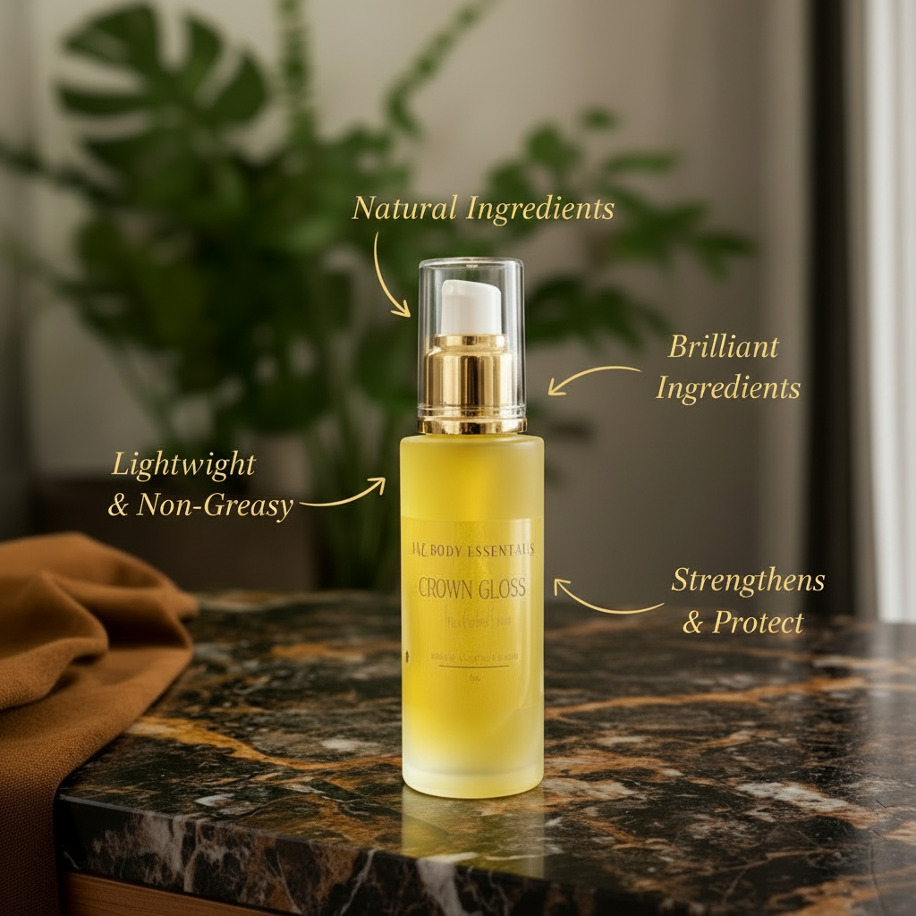  bottle of a cosmetic product on a marble surface with text about natural ingredients and benefits.