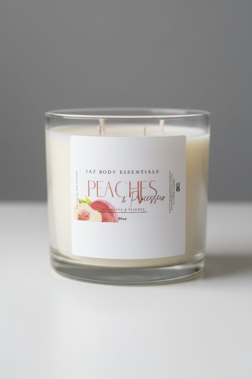 Jar with a label from Jaz Body Essentials featuring peaches and prosecco.