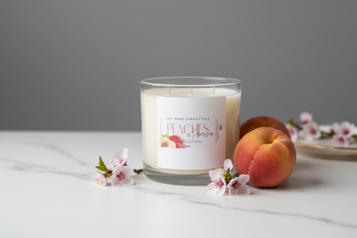 Candle labeled 'Peaches & prosecco' with peaches and flowers on a white surface.