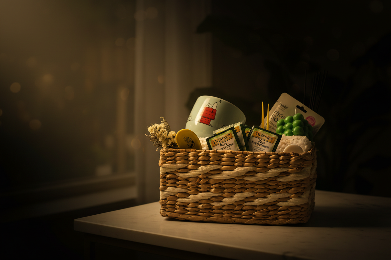 Wicker basket with various items on a white surface with a blurred plant background