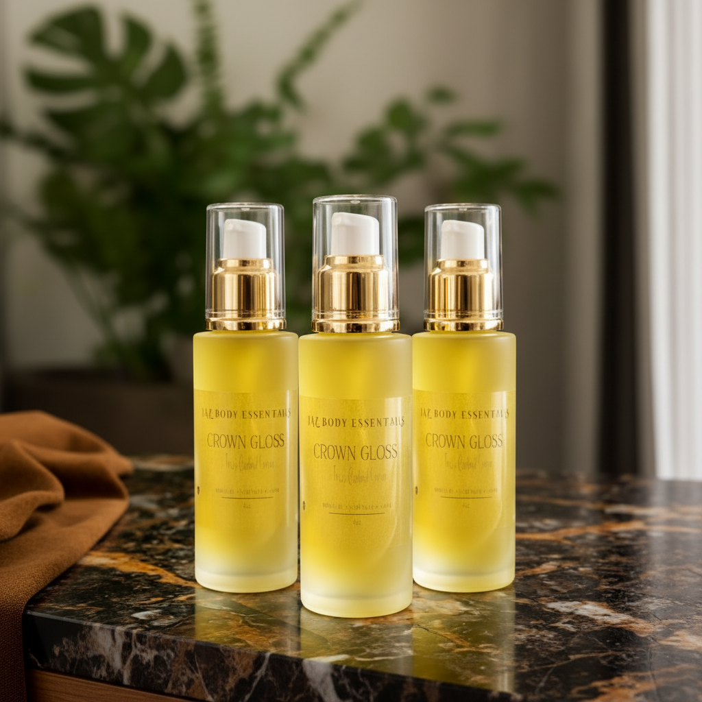 Three bottles of Grown Gloss on a marble surface with a plant in the background