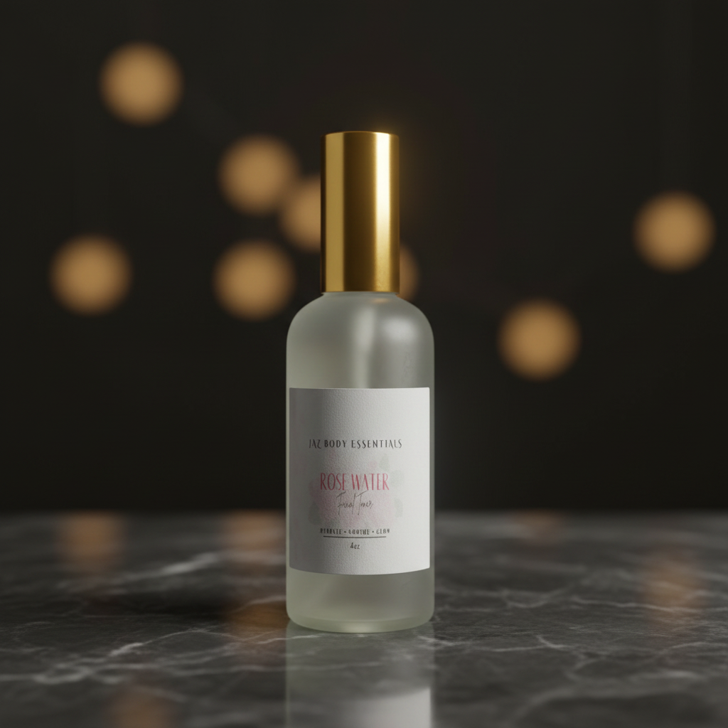 A frosted glass bottle of Alroy Essentials Rosemary Hair Oil with a metallic gold cap, set on a dark marble surface against a dark background with soft golden bokeh lights.