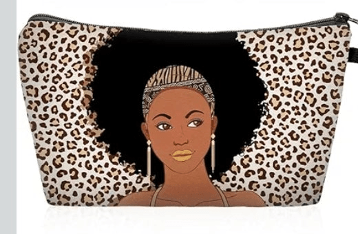 Pouch with leopard print design featuring an illustration of a woman with an afro and headwrap.