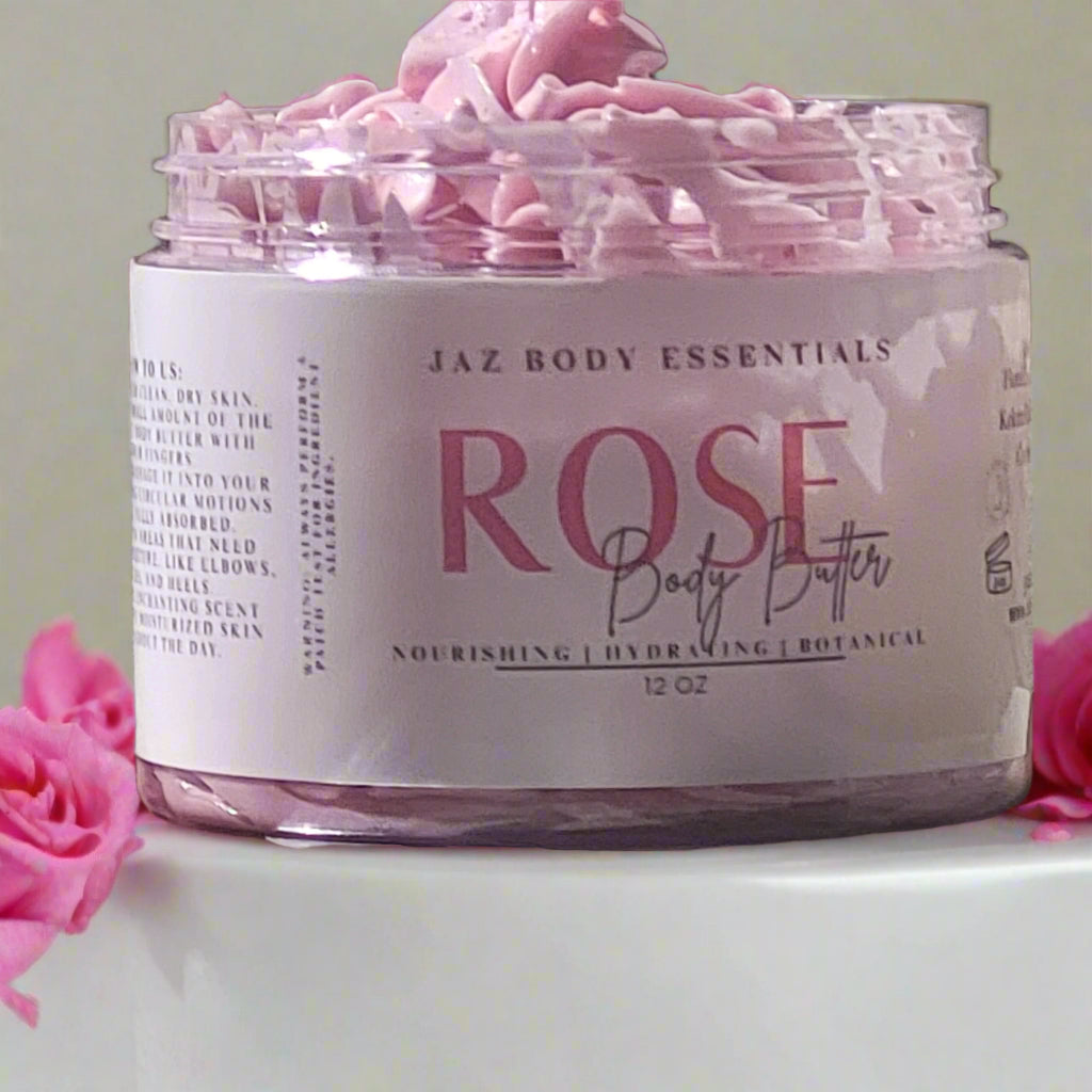 Beurre corporel végétalien infusé à la rose 12oz.