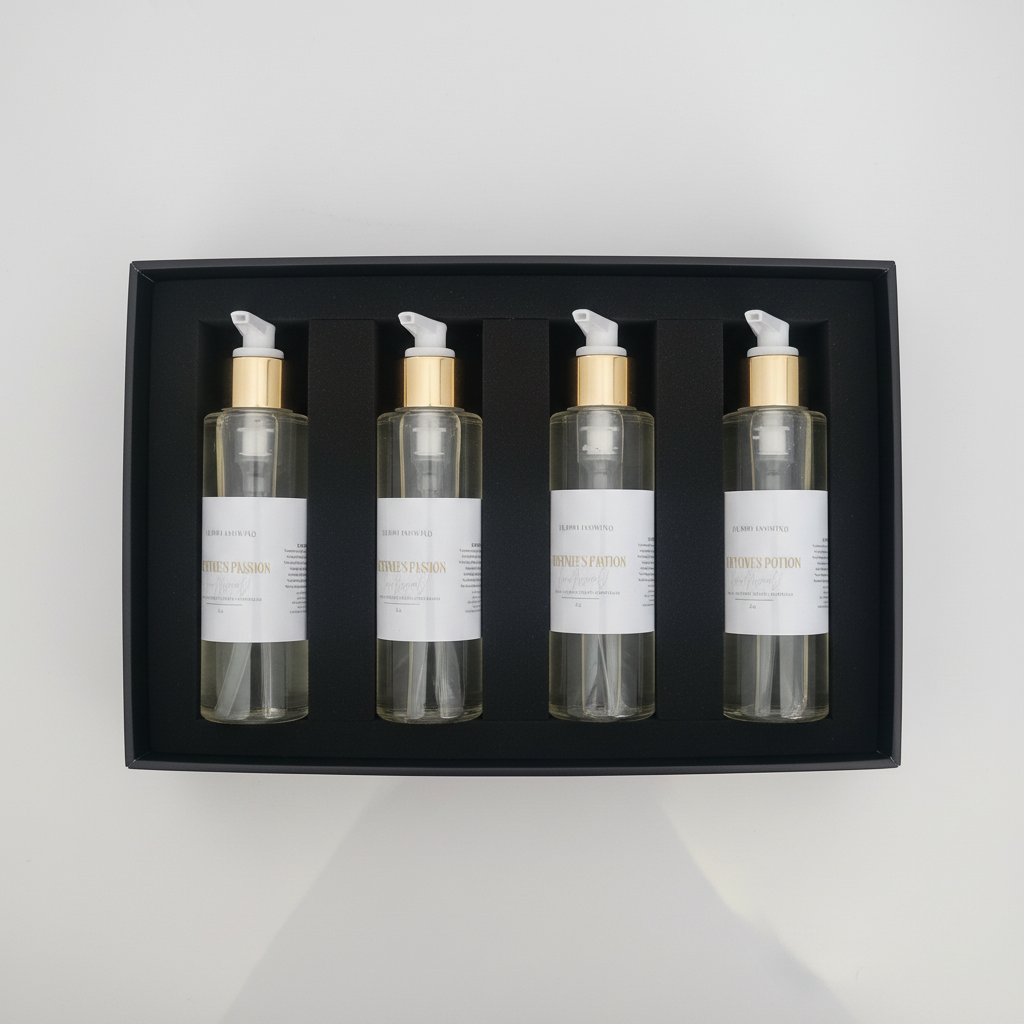 Three skincare bottles with gold and white pumps in a box.