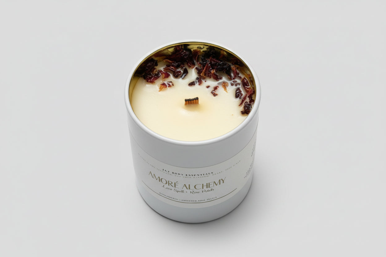 Candle in a container labeled 'Amöre Alchemy' on a textured surface
