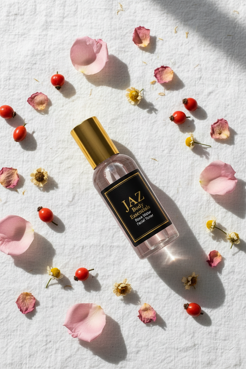 JAZ perfume bottle surrounded by flowers on a textured white surface
