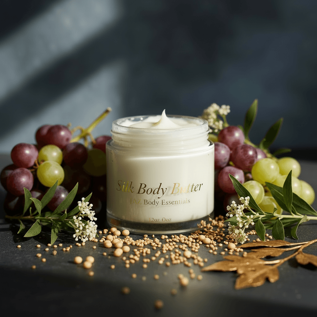 Jar of Silk Body Butter surrounded by grapes and herbs on a dark surface